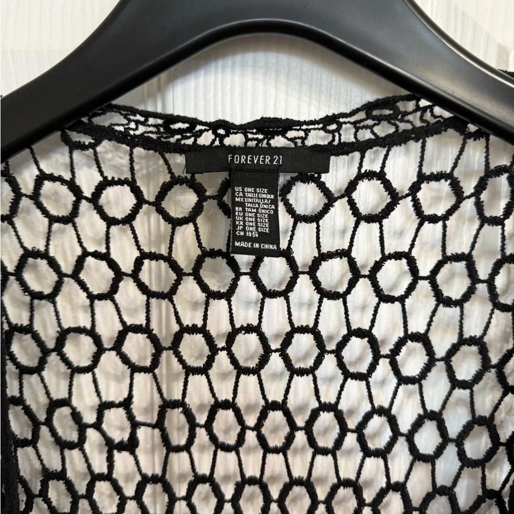 Forever 21 Black Crochet Lace Open Front Cardigan OS Festival Boho Grunge Fairy - Picture 4 of 5